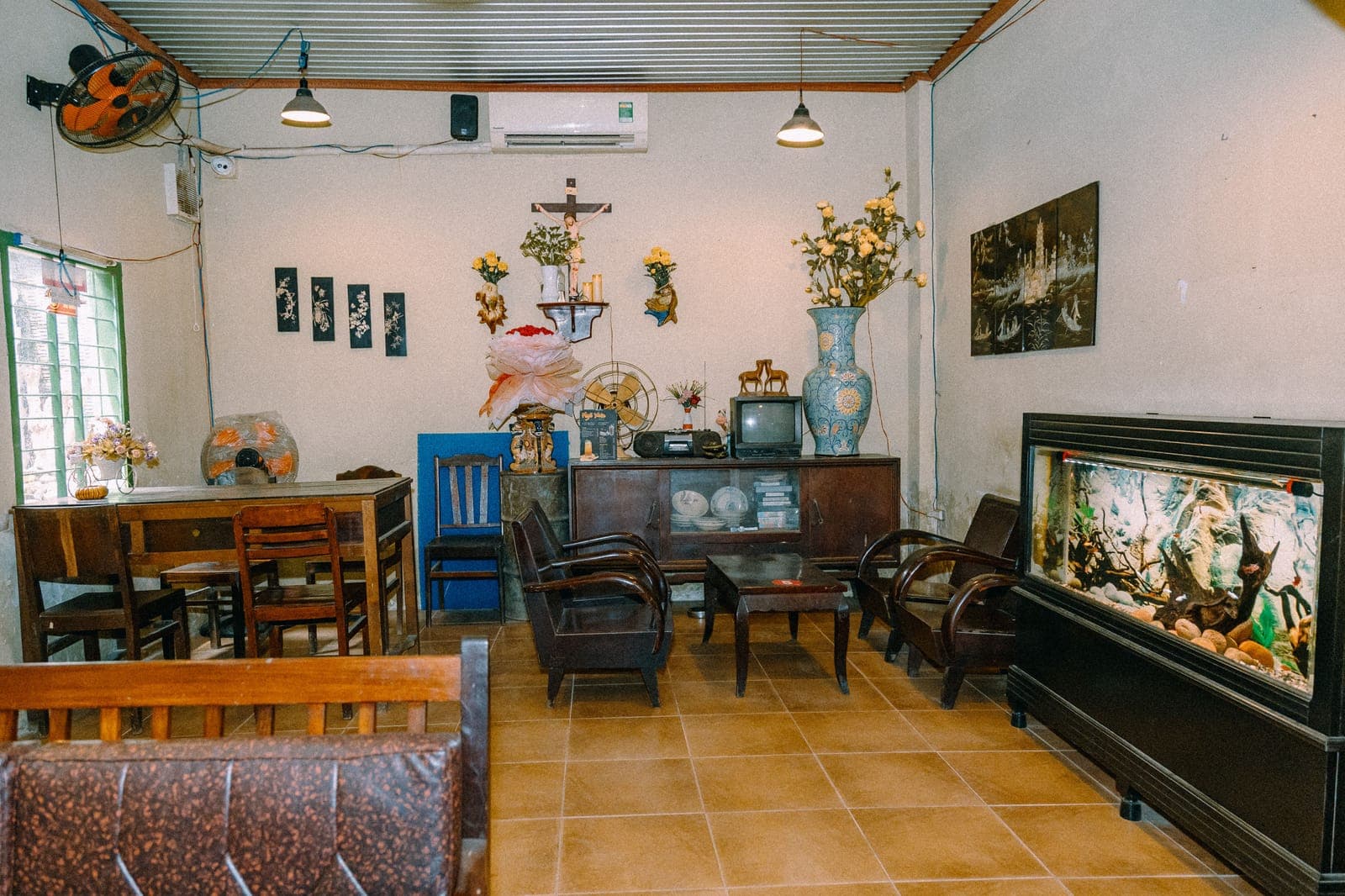 A large freshwater aquarium set into a living room wall